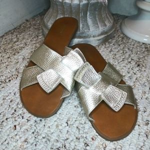 Alex Marie Kiara Bow Decorated Criss-Cross Gold Pebbled Leather Slide Sandals